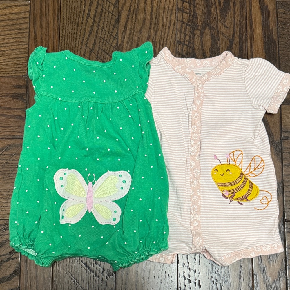 Carter's Set of Two 3M Rompers; Light Pink with Bee and Green with Butterfly